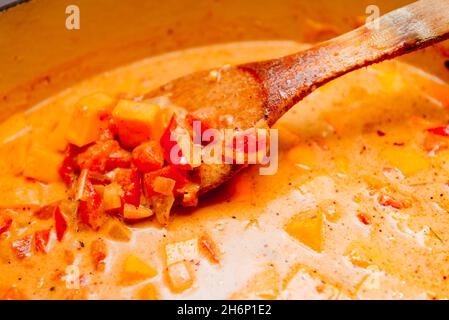 Zucca tritata, cipolle, pomodori e semi di senape cucinati nel latte di cocco con un cucchiaio di legno in una pentola di smalto al forno Foto Stock