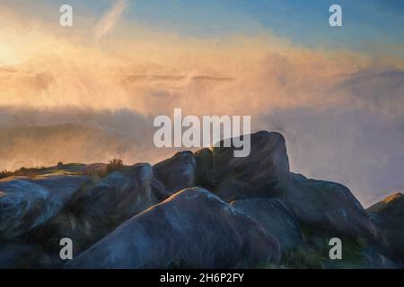 Dipinto digitale ad olio di un'inversione di temperatura al Roaches all'alba durante la primavera nello Staffordshire, Peak District National Park, Regno Unito. Foto Stock