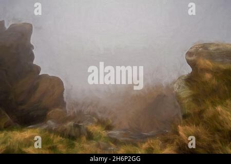 Dipinto digitale ad olio di un'inversione di temperatura al Roaches all'alba durante la primavera nello Staffordshire, Peak District National Park, Regno Unito. Foto Stock