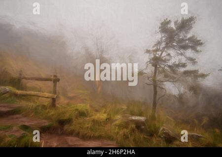 Dipinto digitale ad olio di un'inversione di temperatura al Roaches all'alba durante la primavera nello Staffordshire, Peak District National Park, Regno Unito. Foto Stock