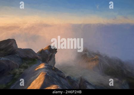 Dipinto digitale ad olio di un'inversione di temperatura al Roaches all'alba durante la primavera nello Staffordshire, Peak District National Park, Regno Unito. Foto Stock