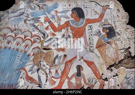 Antica pittura egiziana della tomba di arte muraria: Caccia al Nebamun nelle paludi, Tomba di Nebamun Tebe, circa 1350BC, 18th Dynasty. British Museum EA37977. Foto Stock