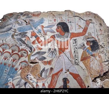 Antica pittura egiziana della tomba di arte muraria: Caccia al Nebamun nelle paludi, Tomba di Nebamun Tebe, circa 1350BC, 18th Dynasty. British Museum EA37977. Foto Stock