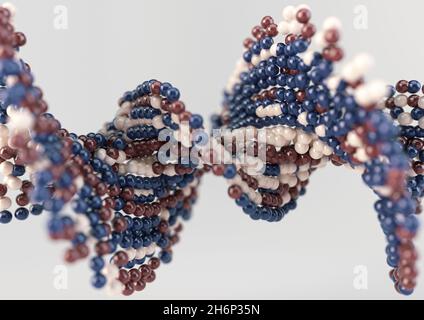 Un modello di un modello sequenziato di sfere di atomo di crema e blu rosso in stile DNA su uno sfondo isolato - rendering 3D Foto Stock