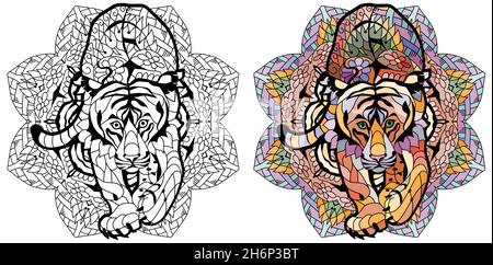 Zentangle Tiger con mandala per t-shirt design, per colorazione, tatuaggio e altre decorazioni. Set di colori e contorni. Illustrazione Vettoriale