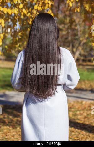 Modello per capelli in brunetta. Indietro vista giovane donna, autunno parco all'aperto Foto Stock