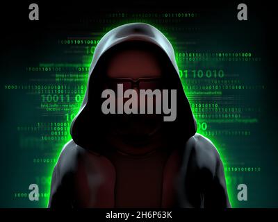 Misterioso hacker che si trova su uno sfondo di codice. Illustrazione 3D. Foto Stock