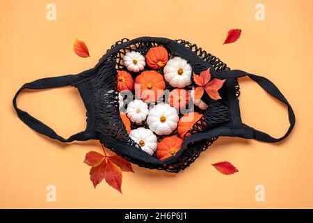 Arancio, zucca bianca e foglie d'acero in sacchetto di rete isolato su sfondo beige Vista dall'alto piatto Lay Ciao autunno, felice thanksgiving concetto di auto per le vacanze Foto Stock