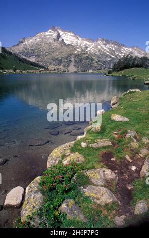 FRANCIA, HAUTES PYRENEES, VALLE DELL'AURE, ARAGNOUET, PARCO NAZIONALE DEI PIRENEI DEL BEST WESTERN, VETTA NEOUVIELLE (3091 M) DAL LAGO AUMAR Foto Stock