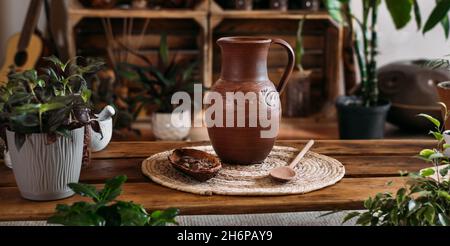 Caraffa con cacao caldo biologico per la cerimonia, primo piano. Bevanda sana da cacao crudo fagioli in verde vegetariano caffè spazio copia, rituale per l'armonia nel verde Foto Stock