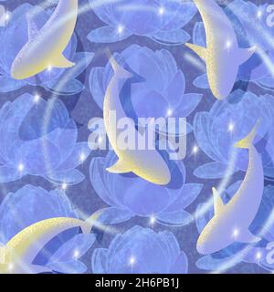 Pesci Koi in illustrazione stagno. Ondulazione su acqua e fiori di loto. Foto Stock