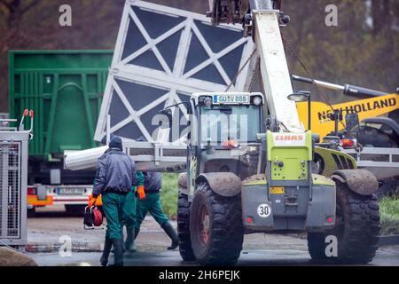 Vogelsang, Germania. 17 novembre 2021. I lavoratori preparano le attrezzature tecniche per uccidere più di 4,000 suini in un allevamento di suini colpiti dalla peste suina africana . Il primo focolaio di peste suina africana nel Meclemburgo-Pomerania occidentale si è verificato presso l'impianto. In risposta all'epidemia di ASF nel bestiame del distretto di Rostock, tutti gli animali devono ora essere abbattuti e smaltiti. Credit: Jens Büttner/dpa-Zentralbild/dpa/Alamy Live News Foto Stock