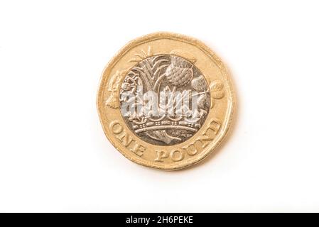 Denaro: Primo piano di una moneta da 1 libbra. Sterlina valuta in sterline su sfondo bianco. 1 £ Foto Stock