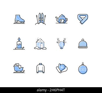 Vacanze di Natale - icone moderne stile design linea in blu chiaro. Immagini di pattini, sci, tè caldo, vestiti caldi, cappello, sciarpa, guanti e sw Illustrazione Vettoriale