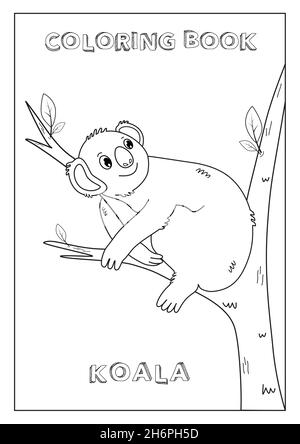 Libro da colorare Koala per bambini. Pronto per la stampa, formato carta A4. Bianco e nero, realizzato in vettoriale. Illustrazione Vettoriale