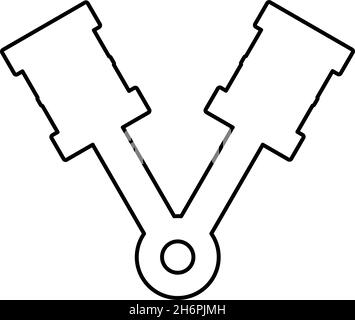 Pistoni del motore due elementi con aste allineate per l'albero motore del veicolo cilindro profilo albero a camme icona contorno nero disegno vettoriale stile piatto Illustrazione Vettoriale