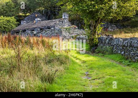 Vecchio casolare ardesia costruito abbandonato vicino Llanberis, Snowdonia, Galles, Regno Unito, Foto Stock