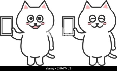 Set di gatti bianchi sorridenti che reggono uno smartphone. Illustrazione vettoriale isolata su sfondo bianco. Illustrazione Vettoriale