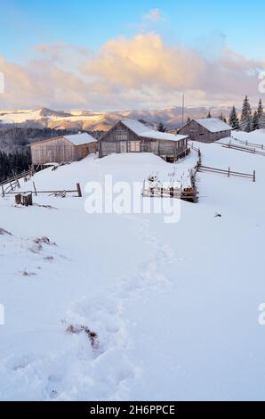 Paesaggio invernale. Case di legno in pastori di montagna. Carpazi, Ucraina Foto Stock