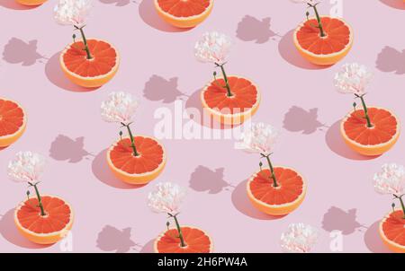 Modello creativo fatto di fiore rosa che cresce di pompelmo rosso su sfondo pastello. Composizione primaverile romanticismo minimale e alla moda. Foto Stock