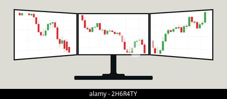 Tre schermi monitor con grafico del mercato azionario di negoziazione, concetto finanziario, illustrazione vettoriale Illustrazione Vettoriale