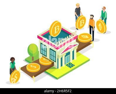 Cryptocurrency borsa, mercato, piattaforma, flat vettore isometric illustrazione. Illustrazione Vettoriale