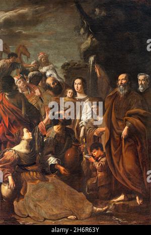 FERRARA, ITALIA - 9 NOVEMBRE 2021: Il dipinto Mosè colpisce l'acqua della pietra nella chiesa Chiesa di San Francesco di Johannes van Beyghem (1630 Foto Stock