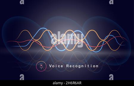 Riconoscimento vocale tecnologia di frequenza audio colorata concetto di illustrazione vettoriale. Vettore con tecnologia a onde sonore con segnale microfono. Illustrazione Vettoriale