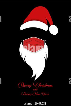 Babbo Natale etichetta testa con maschera chirurgica, cappello, barba buon Natale e felice anno nuovo Babbo Natale logo design scheda, protezione coronavirus, vettore Illustrazione Vettoriale