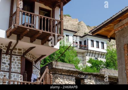 Case tradizionali Revival nella più piccola città della Bulgaria - Melnik. Foto Stock