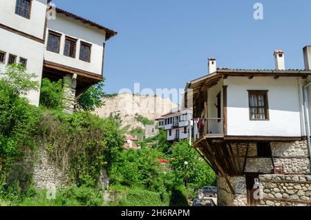 Case tradizionali Revival nella più piccola città della Bulgaria - Melnik. Foto Stock