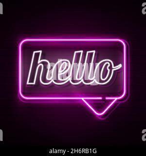 Ciao. Cartello luminoso al neon. Testo su sfondo a colori. Illustrazione per il vostro business, bar, ristorante, caffè Illustrazione Vettoriale