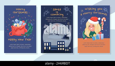 Allegro Natale biglietto d'auguri vacanza flyer set Illustrazione Vettoriale