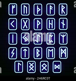 Set di antiche rune norse. Alfabeto runico, Futhark. Antichi simboli occulti. Illustrazione vettoriale. Vecchie lettere tedesche di colore neon Illustrazione Vettoriale