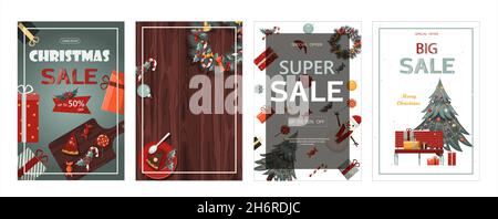 Set di banner vettoriali piatti Grande vendita di Natale. Modello natalizio con decorazioni natalizie e cibo. Biglietto di Capodanno con una corona di Natale Illustrazione Vettoriale
