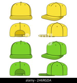 Set di immagini a colori di un cappuccio con visiera piatta e dorso a scatto. Oggetti vettoriali isolati su sfondo bianco. Illustrazione Vettoriale