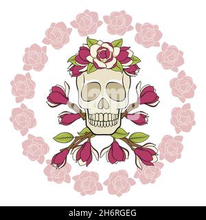 Cranio in una corona di magnolia con una cornice di fiori. Oggetti vettoriali isolati su sfondo bianco. Illustrazione Vettoriale
