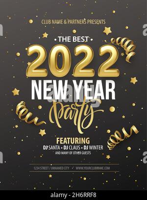 Poster tipografico di Capodanno con 2022 iscrizioni realistiche in oro, fiocco regalo, tinsel dorato e confetti dorati su sfondo nero. Vettore Illustrazione Vettoriale