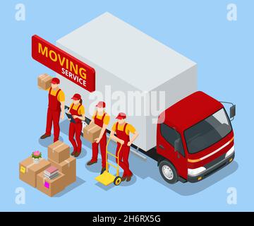 Isometric Moving Company Cassette e mobili da lavoro, consegna camion. Camion di consegna pieno di Home Stuff all'interno. Trasferirsi a New House. Scatole Illustrazione Vettoriale