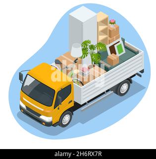 Isometric Moving Company Cassette e mobili da lavoro, consegna camion. Camion di consegna pieno di Home Stuff all'interno. Trasferirsi a New House. Scatole Illustrazione Vettoriale