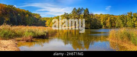 Paesaggio autunnale, panorama, banner - vista di una piccola isola sul lago con riflessi nelle acque degli alberi autunnali contro un cielo azzurro Foto Stock