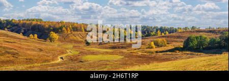 Paesaggio autunnale, panorama, sfondo - vista della valle con strada rurale sterrata circondata da colline boscose, bandiera orizzontale Foto Stock