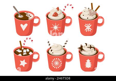Tazza di caffè per le vacanze di Natale. Cacao con marshmallows, bevande calde invernali e tazza espresso calda. Tazze rosse al cioccolato o cappuccino d'inverno. Illustrazione Vettoriale
