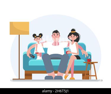 La famiglia è felice di guardare la tv mentre si siede sul divano nel soggiorno. Papà, mamma e figlia. Illustrazione vettoriale in stile piatto. Illustrazione Vettoriale
