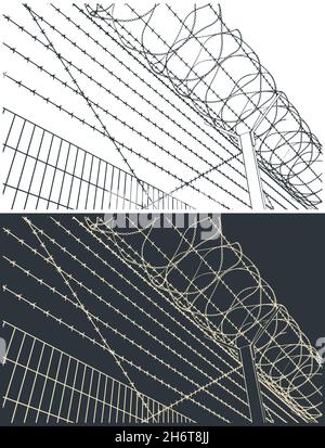 Illustrazione vettoriale stilizzata del filo spinato e del nastro per rasoio Illustrazione Vettoriale