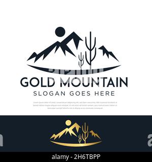 Logo oro montagna. Illustrazioni vettoriali. immagine piatta di montagne. Logo o emblema per vettore logo di viaggio Illustrazione Vettoriale