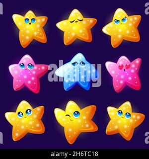 Set di simpatici personaggi delle stelle, le emoticon kawaii esprimono emozioni diverse. Cartoon gioioso, triste, arrabbiato, amante e dormire mascotte, rosa, giallo e blu personaggi colorati, illustrazione vettoriale, icone Illustrazione Vettoriale