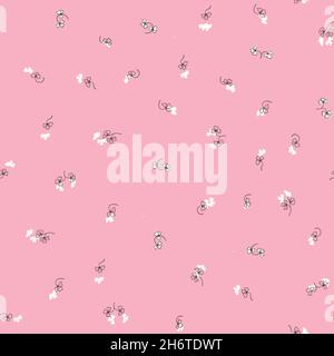 Motivo floreale alla moda senza cuciture con ornamento. Fiori colorati su sfondo rosa. Semplice disegno minimalista con elementi naturali. Vettore Illustrazione Vettoriale
