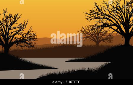 Vista realistica delle montagne dal lago al tramonto in serata. Illustrazione vettoriale di una città Illustrazione Vettoriale