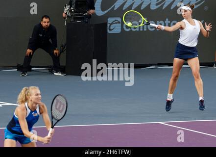 Guadalajara, Messico. 17 novembre 2021. Katerina Siniakova (L) e Barbora Krejcikova della Repubblica Ceca competono durante la doppia finale femminile contro Hsieh su-Wei del Taipei cinese ed Elise Mertens del Belgio alle finali AKRON WTA di Guadalajara, Messico, il 17 novembre 2021. Credit: Jorge Reyes/Xinhua/Alamy Live News Foto Stock